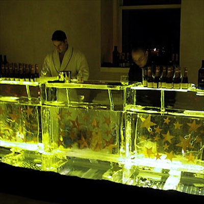 An ice bar held champagne and vodka for guests.
