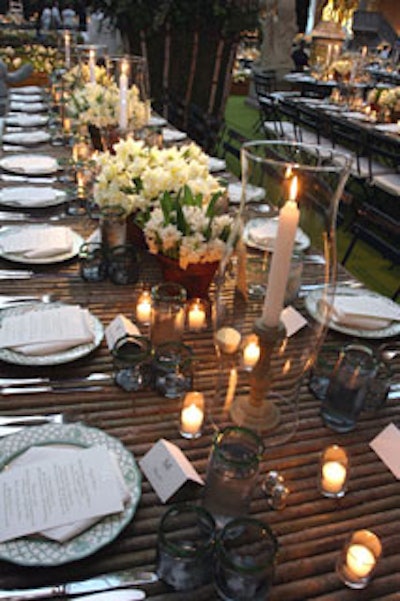 In the gala's fantasy English garden, guests dined on willow wood tabletops sans linens.