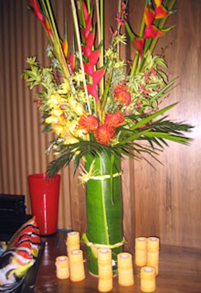 Three-foot-tall floral arrangements containing brightly colored flowers and rich green bamboo and palms dotted the Manor's main and V.I.P. rooms.