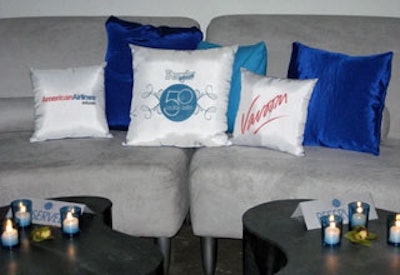 XA, the Experiential Agency adorned suede and leather couches with pillows featuring the logos of the event sponsors, including Maybelline, Johnnie Walker, Vavoom and American Airlines.