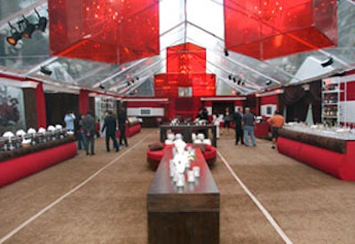 For Fox’s party, the outdoor entryway to Guastavino’s was tented and turned into a red, brown, and white Asian-inspired lounge.