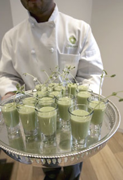 Chilled pea soup shots with a pea shoot garnish were available at the shooter station, and were also passed around.