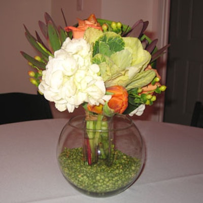 Floral arrangements were anchored by a variety of beans such as split peas.
