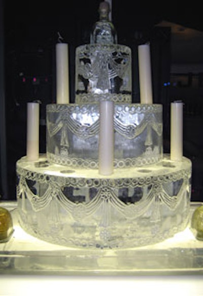 A birthday-cake ice sculpture, sponsored by Patrón and created by Okamoto Studio, took the place of a real cake.