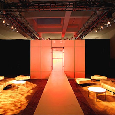 Ethos Design eschewed white folding chairs for leather benches and triangle-shaped ottomans at Nine West's Project Front Row show.