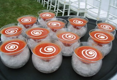 The Kitchen for Exploring Foods’ menu began with chilled heirloom tomato soup topped with swirls of crème fraîche.