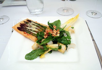 Baby arugula and Belgian endive salad with aaragus mascarpone Parmesan tart made a light main course.
