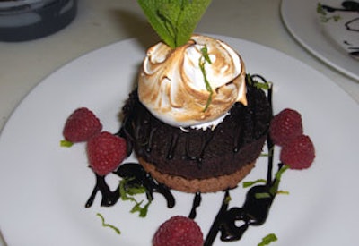 For dessert, Canard served chocolate mint icebox cake with dark chocolate sauce and berry garnish.