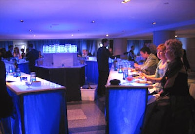 The boat-shaped bar (near the Sea Grill) that Susan Edgar topped with blue LED fixtures attracted party guests throughout the evening.