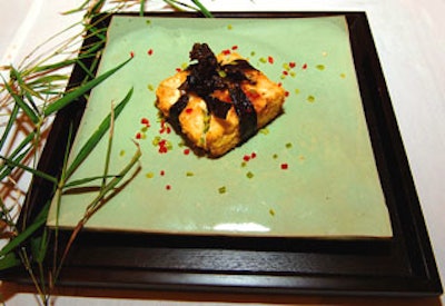 The beribboned tofu mushroom croquettes were served on a Cho Sung-mook celadon plate.