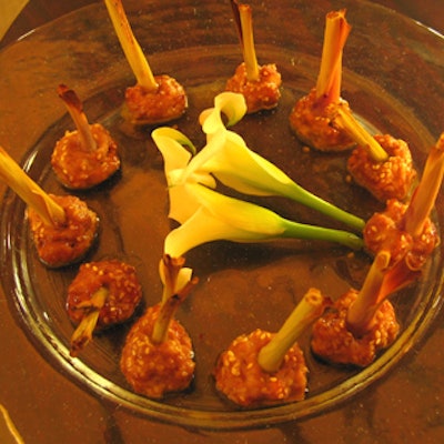 The passed hors d'oeuvre menu included free-range chicken bundles with lemongrass skewers.