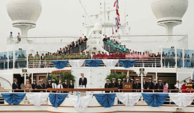 Deputy mayor Dan Doctoroff addressed the crowd of 500 guests from the ship's sun deck.