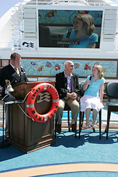 The day before the christening, Princess promoted its 'Bee at Sea' spelling contest program with a spelling showdown of nautical terms. Among the competitors were Gavin MacLeod (center) and 2006 Scripps Howard National Spelling Bee champion Katharine 'Kerry' Close. Close won.