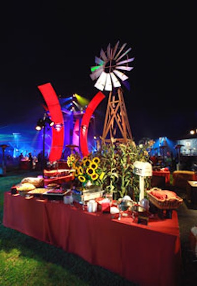 Among the theme areas around the shield-shaped party space taking their inspiration from scenes in the movie was a Kent farm vignette—where Along Came Mary served comfort food favorites.