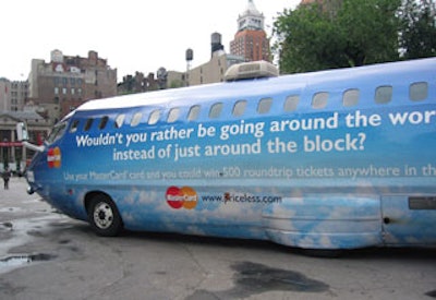 Skinz Wraps covered the airplane-shaped limo in decals decorated with the MasterCard logo and a tagline that read, “Wouldn’t you rather be going around the world instead of just around the block?”