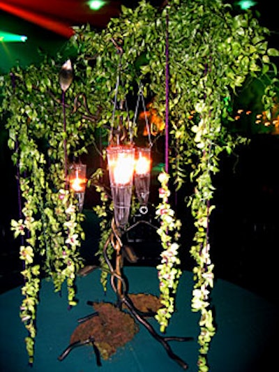 Events in Motion created five-foot tree centerpieces for the dozen round tables, which were made of twisted black iron with tendrils of smilax greens and fresh orchids. Hanging candles in wire cages lit each tree.
