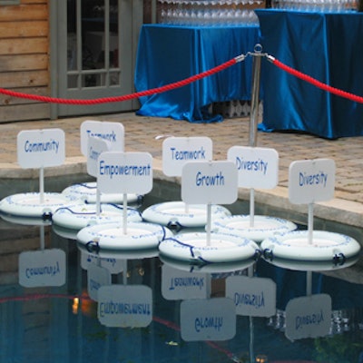 Signs bearing words such as 'growth, 'diversity,' and 'community;' were attached to life buoys and floated in the backyard pool.