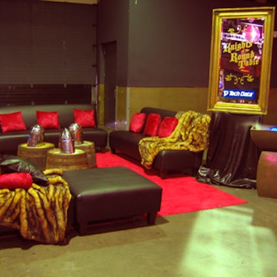 Eden Planning created a lounge with black couches, faux fur throws, wine-barrel coffee tables, and era battle helmets for Tech Data Canada's annual customer appreciation dinner at Kool Haus/Guvernment.