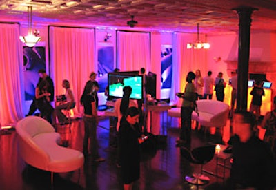 Barkley Kalpak Associates designed a lighting scheme that morphed from pinks to blues, but was still dim enough to view the large flat-screen monitors and laptops placed throughout the lounge.