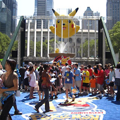 Colorful decorations—including the Pikachu balloon from the Macy's Thanksgiving Day Parade—covered Bryant Park for Pokémon USA's national video game championships.
