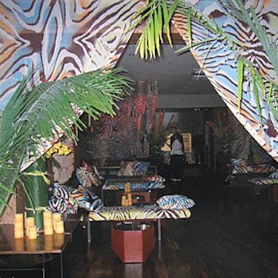 The designer's young, urban clothing line, Just Cavalli, was the product-du-jour on May 3 when Teen Vogue cohosted a crowd of twentysomething actors, designers, and reality stars. Cavalli's signature 'Bora Bora' zebra print was splashed on benches and pillows and draped throughout the Manor.