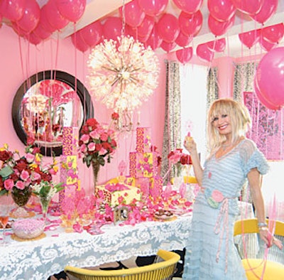 Betsey Johnson—known for her zany sense of whimsy in both her clothes and events—launched her eponymous fragrance to 55 beauty editors gathered at her recently redecorated Greenwich Village apartment. Pink balloons tied with pink ribbons floated beneath the ceiling. Johnson's PR staff worked with Alison Brod Public Relations to coordinate the event.