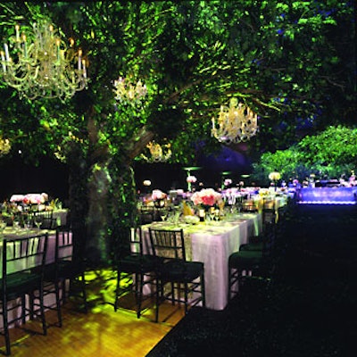 Tables were set under a cobalt ceiling dotted with stars.