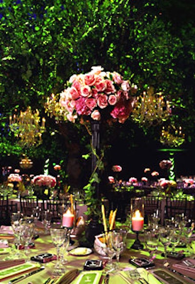 Daryl Latter designed the pink silk dupioni linens that draped the tables, which Mark's Garden topped with arrangements of pink roses and hydrangeas.