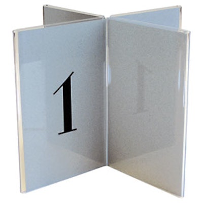 Get Them From Any AngleWith these clear acrylic card holders, you can alternate a number and a decorative motif on the facing side. Each sign surface measures 4 by 6 inches, and each piece costs $3.90 with a minimum order of 36 from Displays2Go.