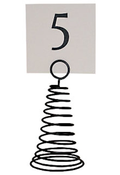 Do the TwistFor a variation on the typical single-post stand, try these coiled metal sign holders from Twin Supply Inc. These spiral models come in black or chrome and are six inches high; a set of six costs $30.