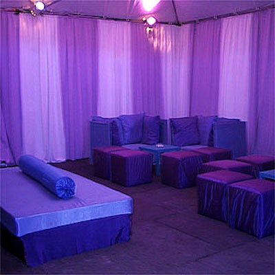 For cocktails after dinner, the Whitney's basement area was filled with various lounge furniture in shades of blue and purple.