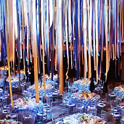 An installation of 5,000 blue and white ribbons decorated the wide open space of the New York State Theater's Grand Promenade.