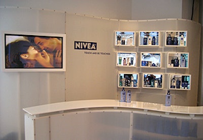A product display counter is the final stop at the exhibit, where consumers can get free gift bags and advice from Nivea experts.