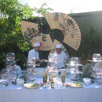 One food station was decorated with an eye-catching arrangement of glass bowls.