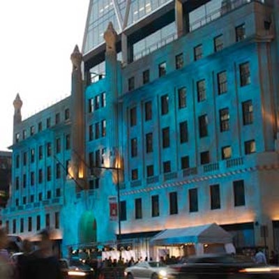 Lights placed across Eighth Avenue washed the facade of the original building with Hearst’s signature blue for the inaugural gala of Hearst Tower.