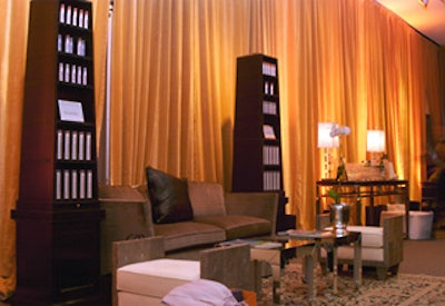 Unlike the other two spaces for the event, the backstage greenroom was decorated with 1940’s-style furnishings in amber, rose, and charcoal gray hues.