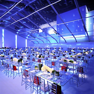 For the post-concert dinner next to the hall, Bourgeois had a custom-made 6,000-square-foot tent with white ultrasuede walls and a clear, pitched roof, affording views of the building and artworks.