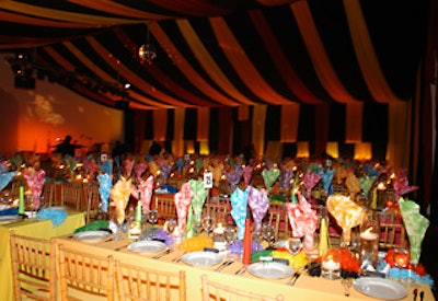 Renny & Reed's dinner decor included pom-poms on the tables.