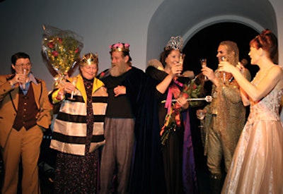 Artists Lawrence Weiner and Marina Abramovic (center) were crowned Homecoming King and Queen in a presentation with (from left to right) drag king Murray Hill, P.S. 1 director Alanna Heiss, musician Casey Spooner, and Ann Magnuson.