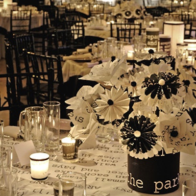 Words appeared all over tables, flowers, napkin rings, table numbers, and votives. Taken from scripts of Sundance-backed productions such as Maria Full of Grace and Hedwig and the Angry Inch, the text made for crafty references to the institute’s work. (Beer mugs replaced wine glasses on tables, with Casco Bay Brewing Company beer instead of wine, which was also available.)