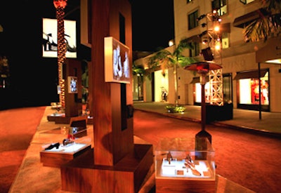 The block south of Brighton Way was carpeted and the median was covered and converted into an exhibition space for glass cases of shoes, which were also displayed inside the newly remodeled Ferragamo boutique.