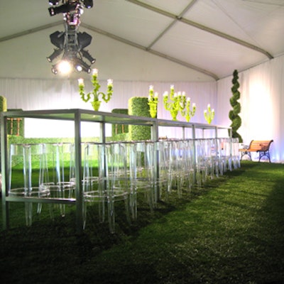 Nicholas Pinney Designs chose a white-and-green colour scheme for the interior of a temporary tent erected at 75 Portland for the on-site sales launch party celebrating Free Development's new condominium project, 75 Portland.