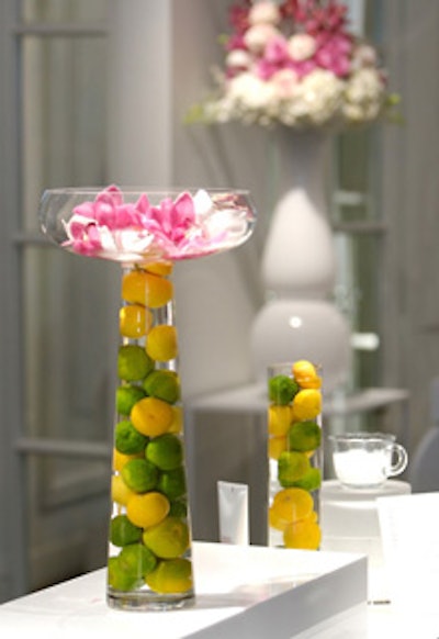 Flowers provided by EventStyle included pink and white cymbidium orchids. Vases were filled with Yuzu fruit, a key ingredient in the relaunched Shiseido skin-care line.