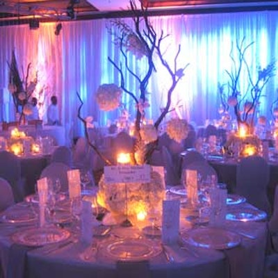 Bayfront Floral Decorators created a combination of tree branches with white hydrangeas and orchids for one of the centerpieces.