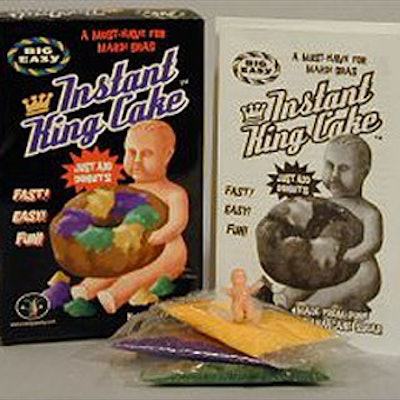 We love Ablaze Productions' Instant King Cake kit. The box includes three packets of colored sugar, a plastic baby charm and suggestions for imitating a king cake using doughnut holes, doughnuts twists or coffeecake. Ablaze Productions also sell beads, masks, doubloons and other Mardi Gras decorations and accessories.