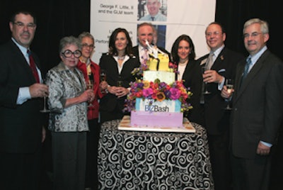 The BiZBash Hall of Fame ceremony celebrated achievements by 6 pioneers in the industry. Left to right, in front of a 5-tiered cake by the team at Sylvia Weinstock Cakes: Peter Scharff of Scharff Weisberg, Sylvia Weinstock of Sylvia Weinstock Cakes, Liz Neumark of Great Performances, Allyn Magrino of Susan Magrino Agency, David Adler of BiZBash Media, Richard Aaron of BiZBash Media, Felice Axelrod of COPE and Lehman Brothers, and George F. (Jeff) Little II of George Little Management, LLC.