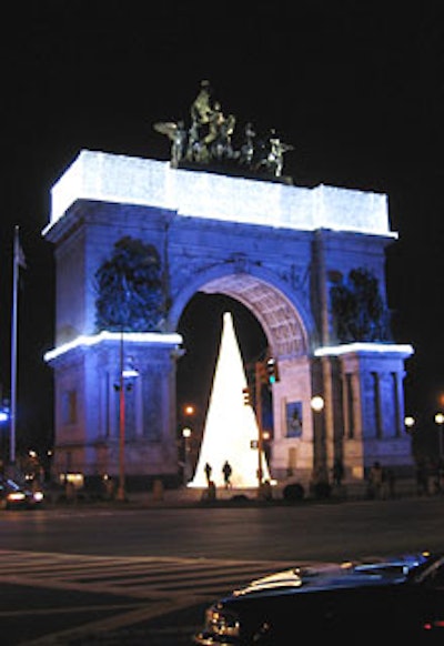Conti’s look for Grand Army Plaza’s memorial arch mimicked fallen snow.