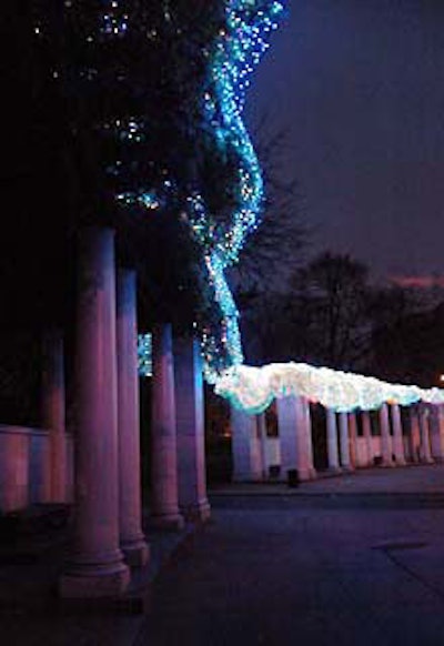 The LEDs at the pergolas drew power from nearby lampposts, and the design and production team placed the wires 15 feet overhead (meeting legal specifications) to prevent tampering.
