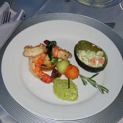 A trio of zesty jumbo shrimp with an avocado duo of orange-cilantro mousseline and refreshing melon salsa filled the appetizer slot at the gala.