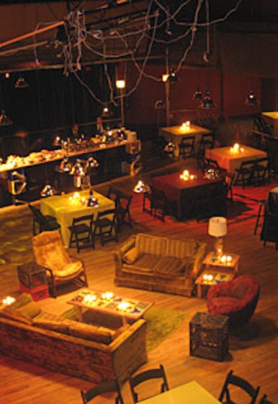The main floor space mixed lounge areas, buffets, and square tables with linens and chairs that matched the yellow and black of the show’s logo.